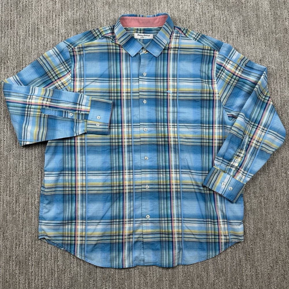 Tommy Bahama Men's Islandzone Button Down Shirt Blue Plaid Size 1XLB Pima Cotton